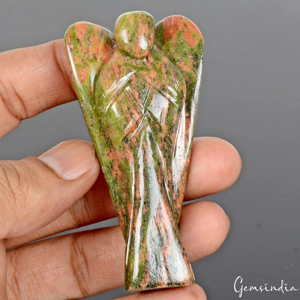 3 In Natural Unakite Jasper Goodluck Pocket Angel Reiki Healing Carved Figurine