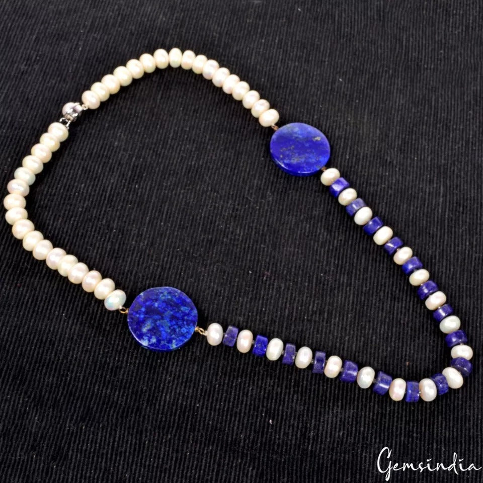 450 Ct Natural Blue Lapis Lazuli & Freshwater Pearl Beaded Handmade Necklace 22"