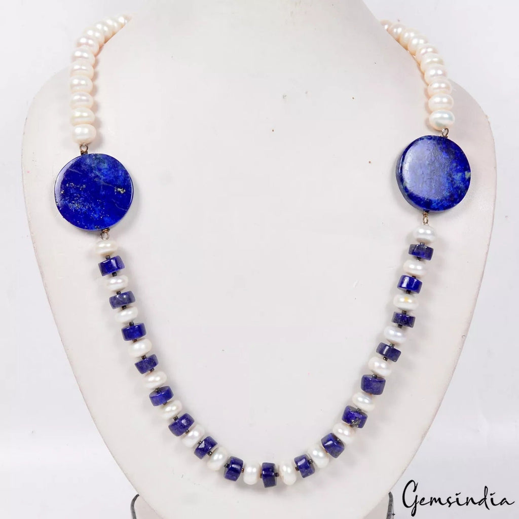 450 Ct Natural Blue Lapis Lazuli & Freshwater Pearl Beaded Handmade Necklace 22"