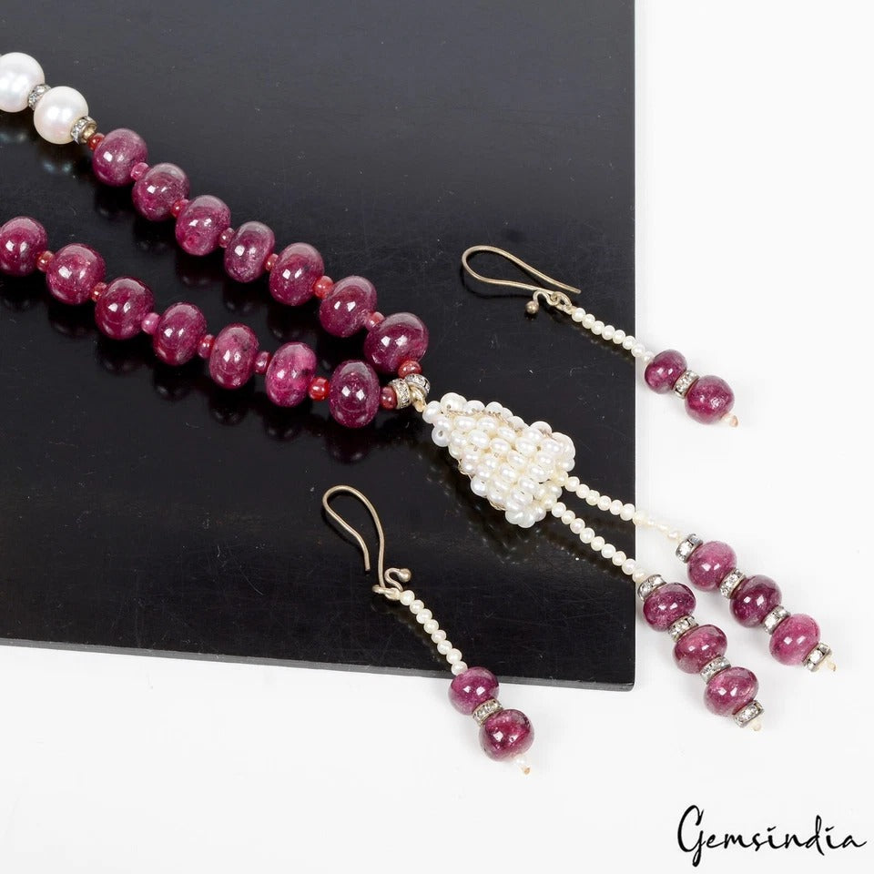 696.70 Cts Natural Red Ruby & Freshwater Pearl Round Beaded Handmade Jewelry Set