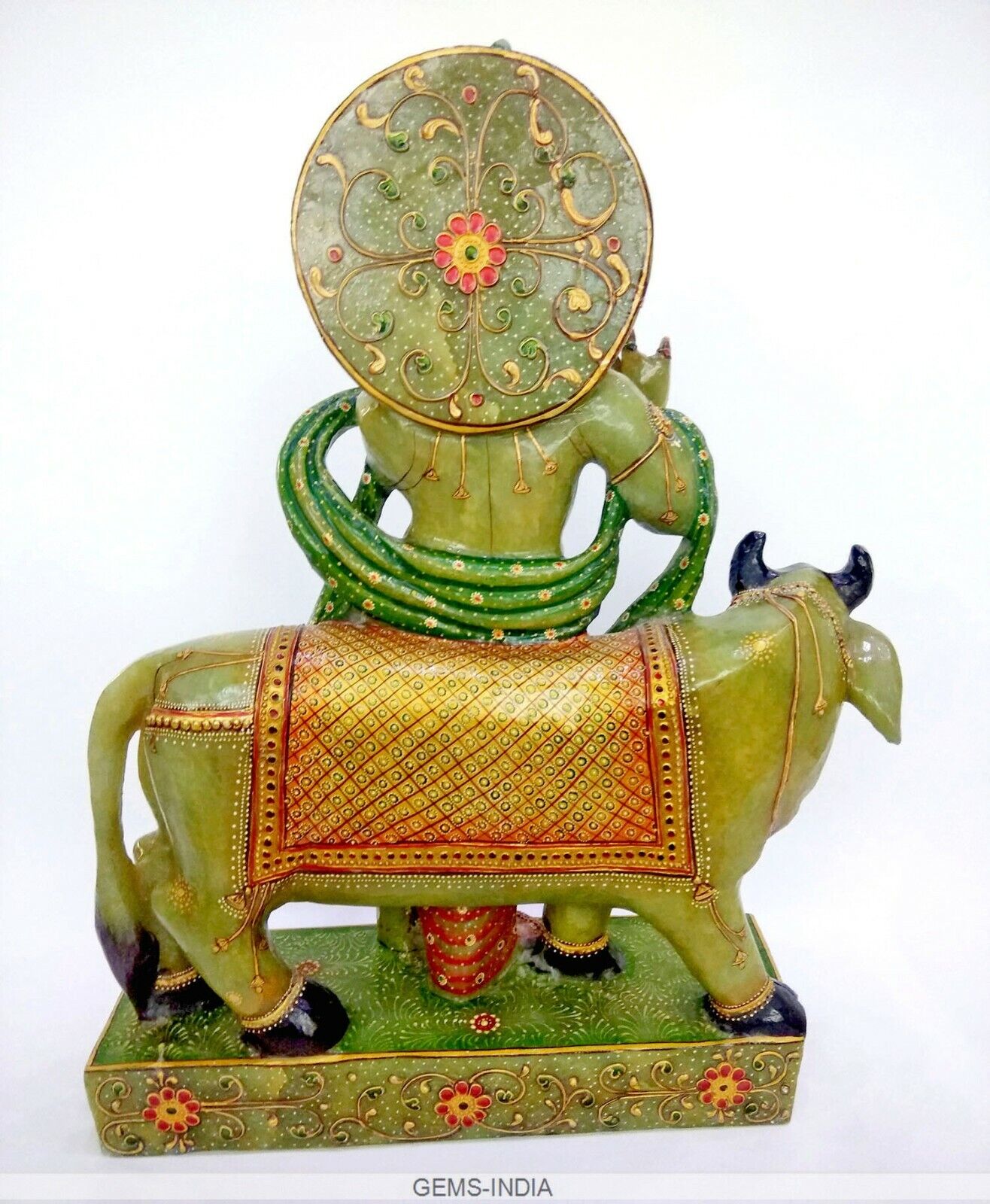 25.8 Kilo Natural Aventurine Carved Hindu Diety Krishna Cow Statue Home Decor