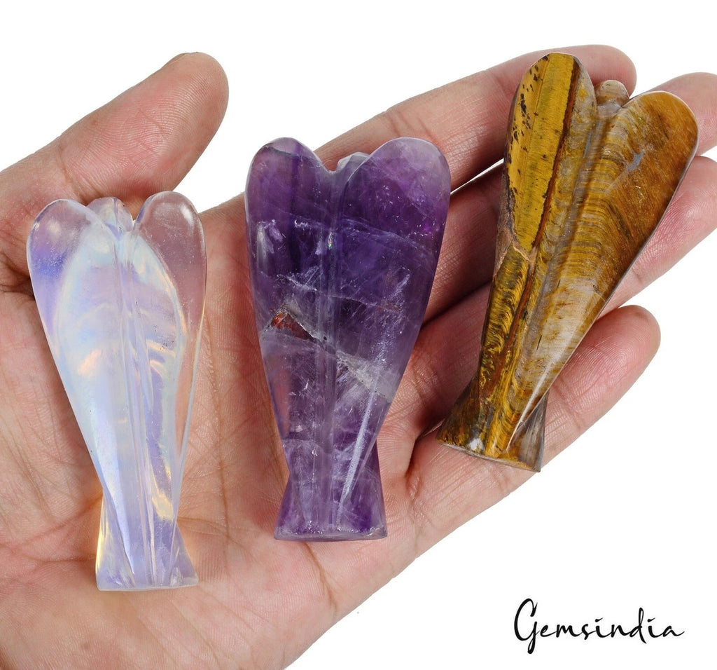 860 Cts/3 Pcs Multi Gems Mini Carved Angel Pocket Size Crystal Healing Statue