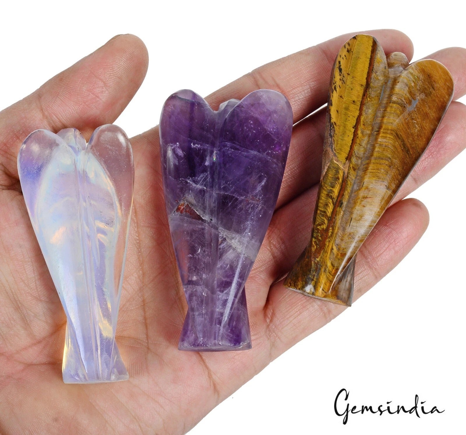 860 Cts/3 Pcs Multi Gems Mini Carved Angel Pocket Size Crystal Healing Statue