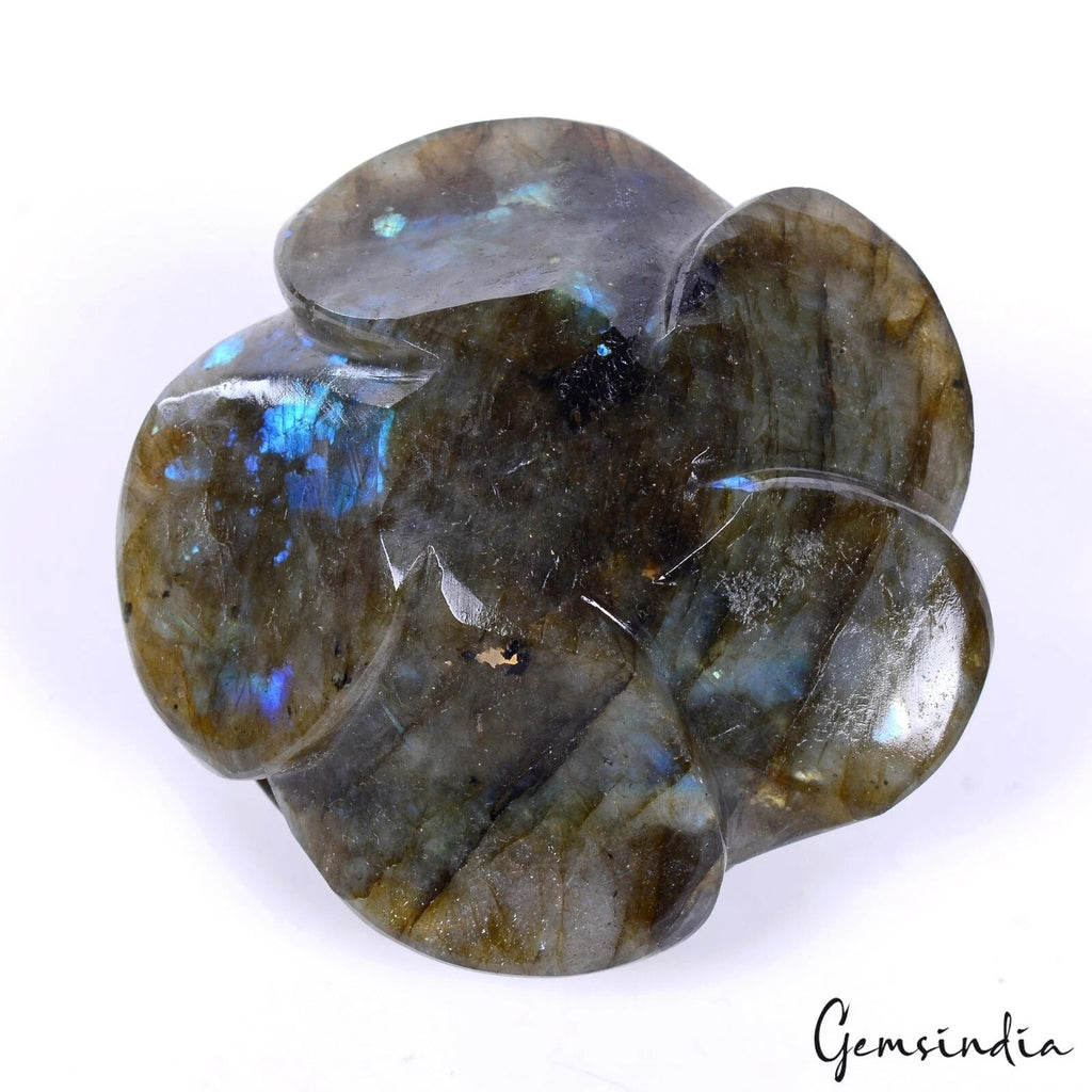 690 Cts Natural Yellow Blue Labradorite Rose Cut Flower Carving Loose Rare Gem