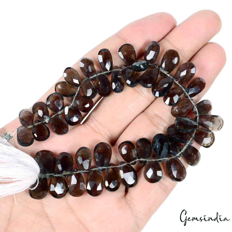 162.60Ct Genuine Untreated Smoky Quartz Beads Faceted Pear Brown Gem 7.5" Strand