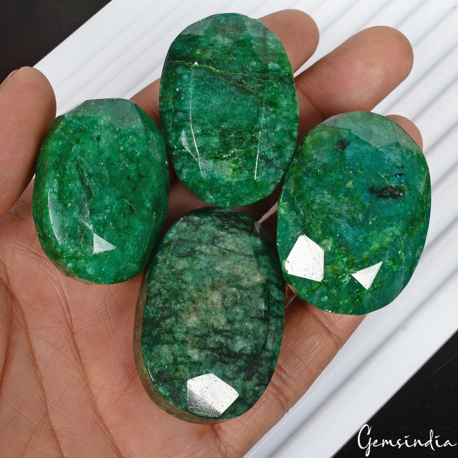 Natural Oval Faceted Green Emeralds Lot 1000 Cts 41-48mm Loose Gemstones 4 Pcs