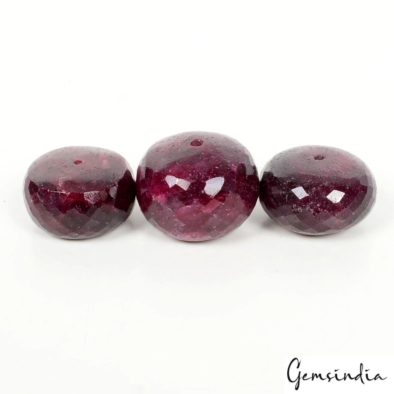 3 Pcs Natural Red Ruby Round Checker Cut Huge Drilled Bead Gemstones Lot~ 530 Ct