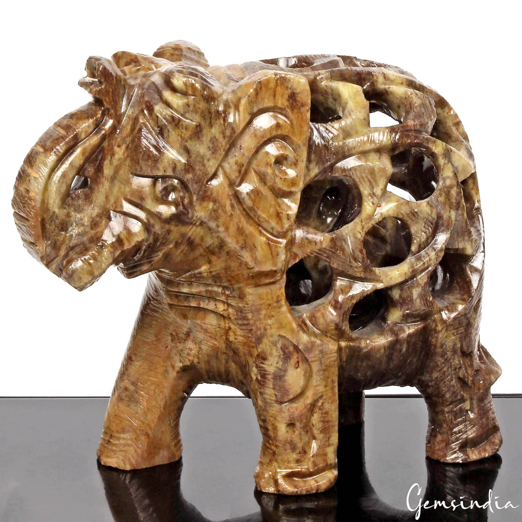 1430 Ct Soapstone Carved Elephant - Baby Inside Mother's Tummy Sculpture/Statue
