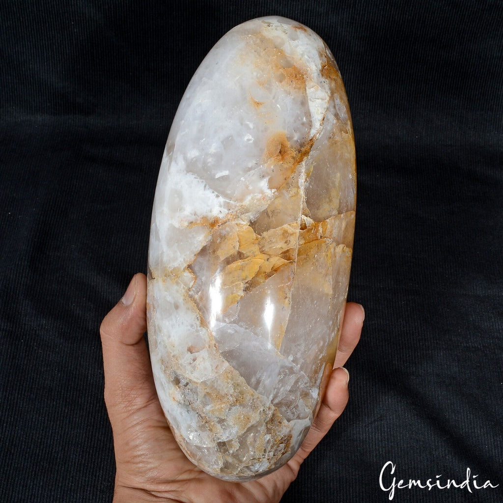 9.3" Golden White Quartz Healing Chakra Charged Metaphysical Oval Lingam 3.5 Kg