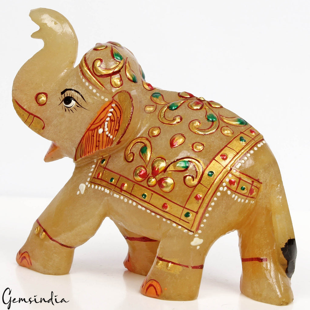 1420 Ct Hand Crafted Gold Painted Trunk Up Elephant Natural Aventurine Sculpture