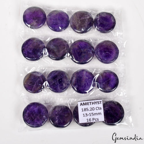 Amethyst Lot, Cabochon, Untreated, Purple — 16 Pieces, 13mm, 185.20 Ct, Madagascar