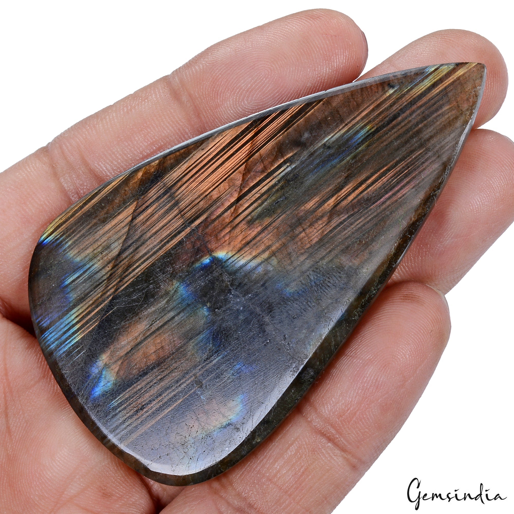 Certified 177.60Cts Natural Untreated Peach Shine Labradorite Cab Pear Loose Gem