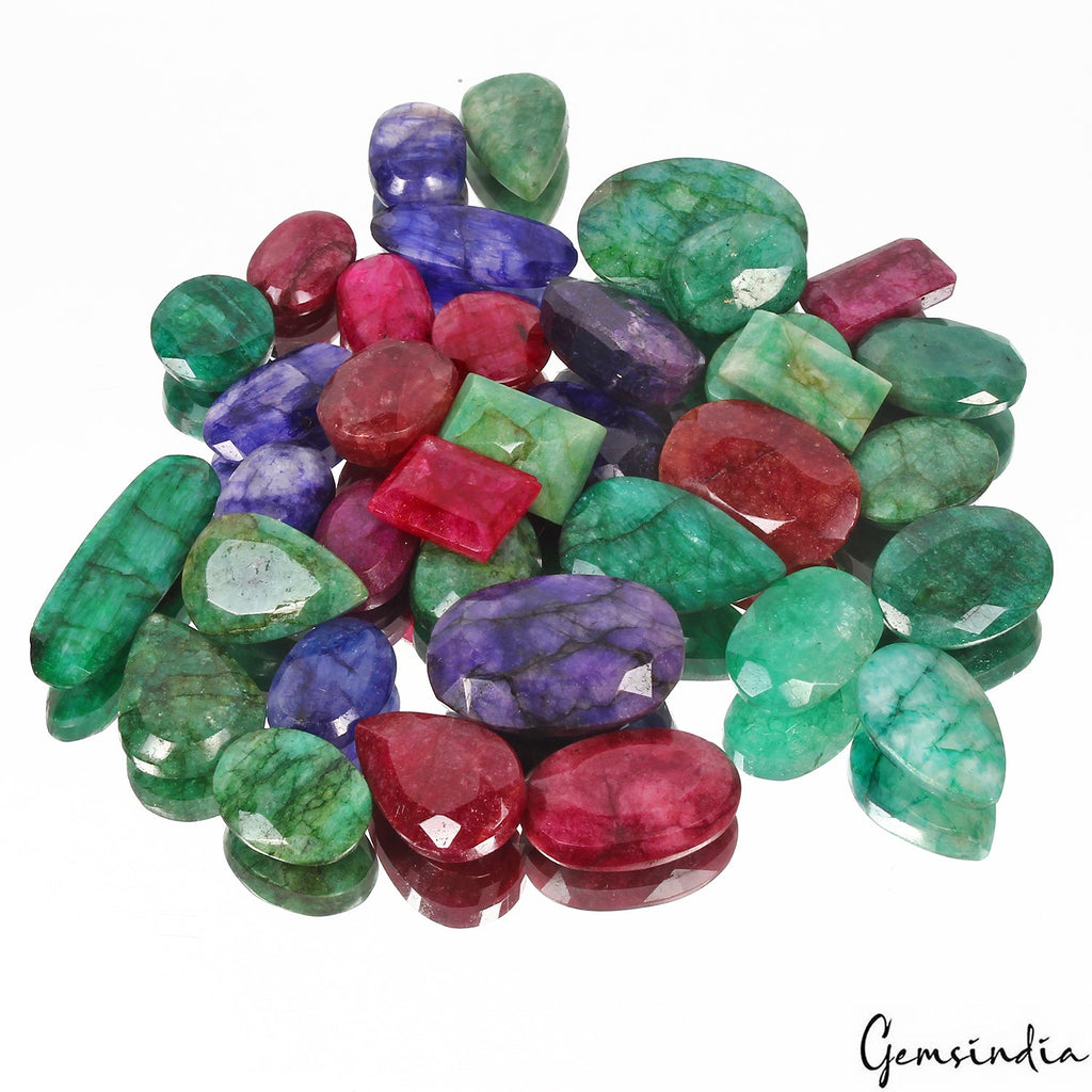 1000 Cts/36 Pcs Natural Red & Blue Beryl Green Emerald Mixed Cut Wholesale Gems