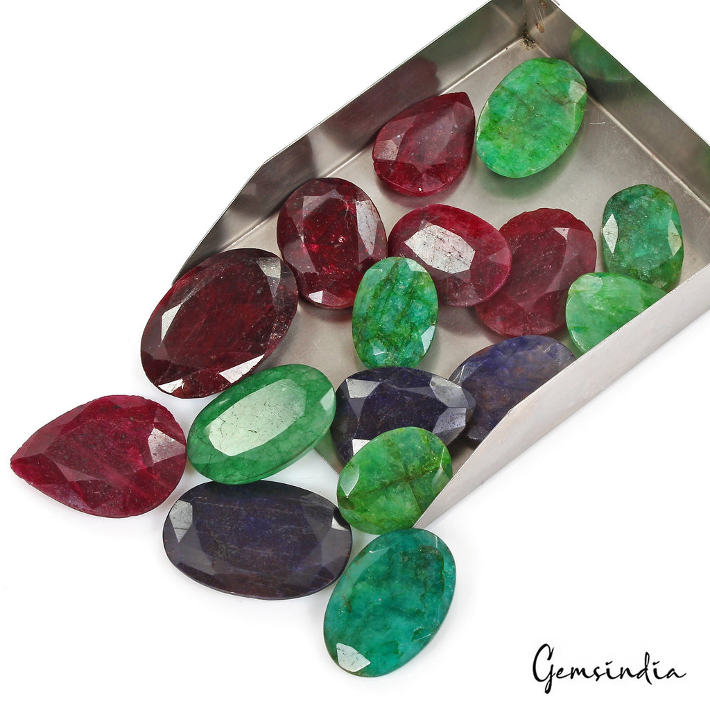 1020 Cts/16 Pcs Natural Multi Color Emerald Ruby Sapphire Mix Cut Loose Gems Lot