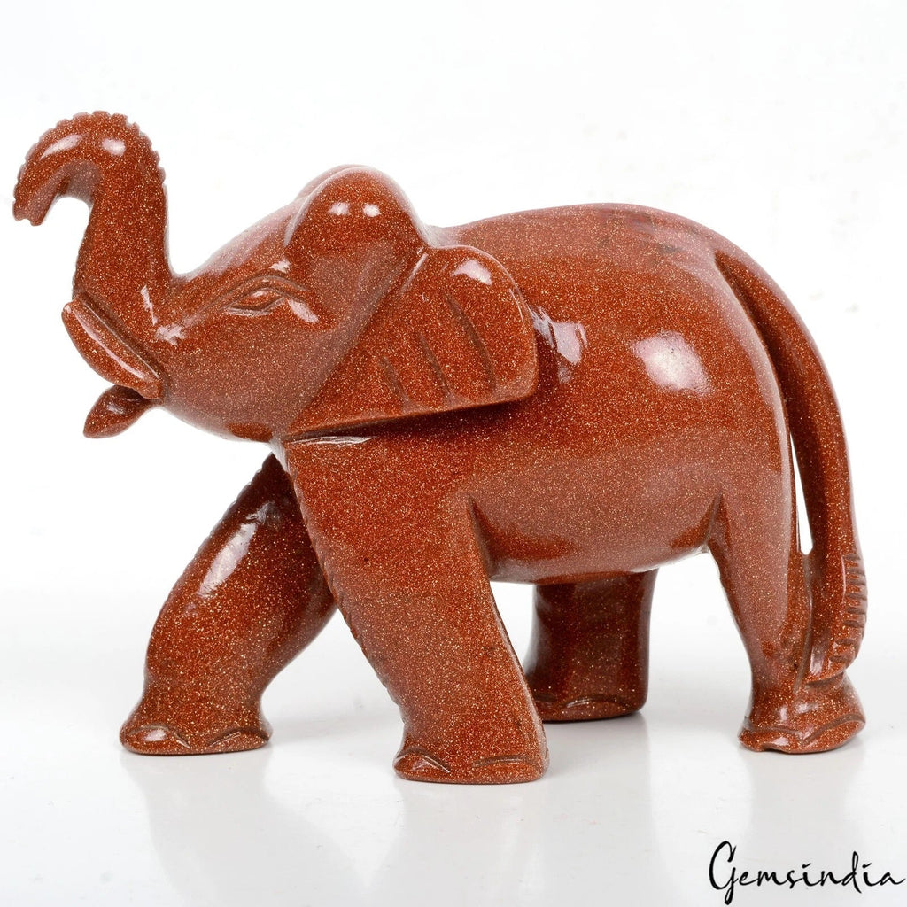 2400Ct Natural Brown Sunstone Trunk up Elephant Hand Crafted/Decor Gem Sculpture