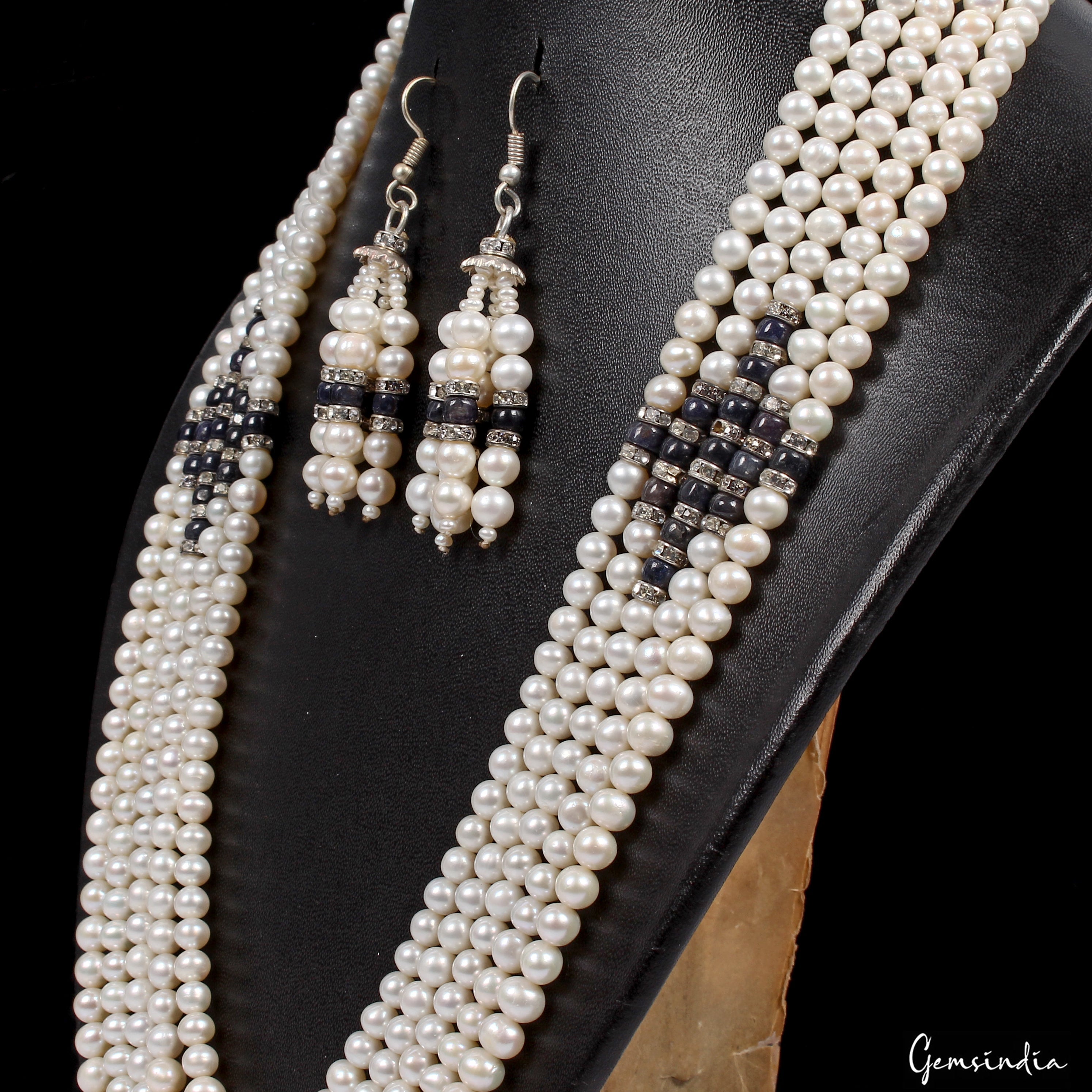 800 Ct Pearl & Sapphire Beaded Handmade 5 Strand Necklace Jewelry With Earrings
