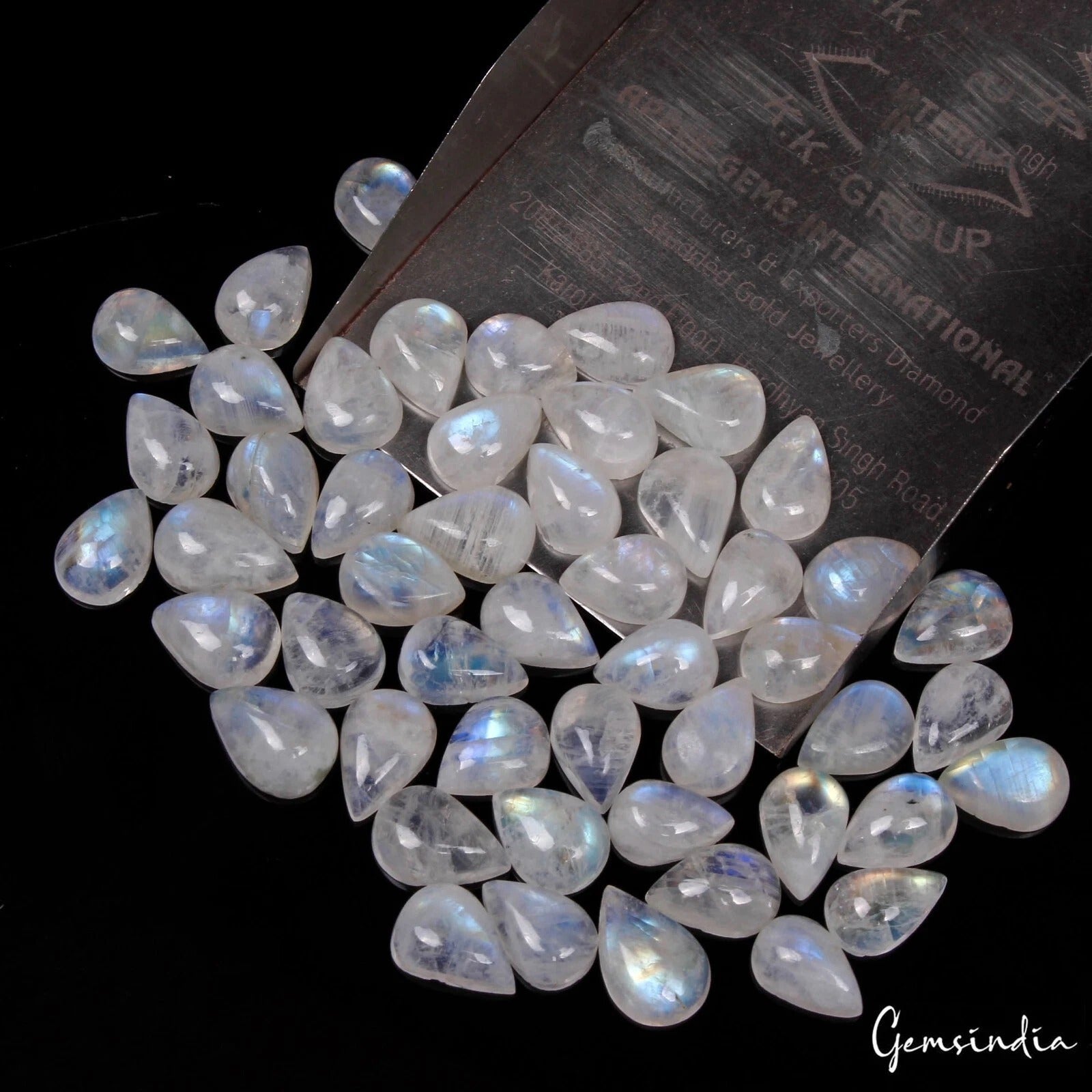 50 Pcs Natural Rainbow Moonstone 9-11mm Pear Blue Shines Cabochon Gemstones Lot