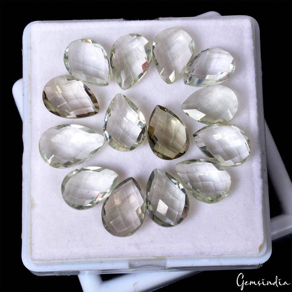 64.70 Ct/14 Pcs Natural Untreated Green Amethyst Pear Checker Cut Loose Gems Lot