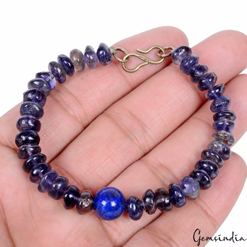 70.60 Ct Natural Blue Untreated Iolite Lapis Round Beaded Handmade Bracelet 6.5"