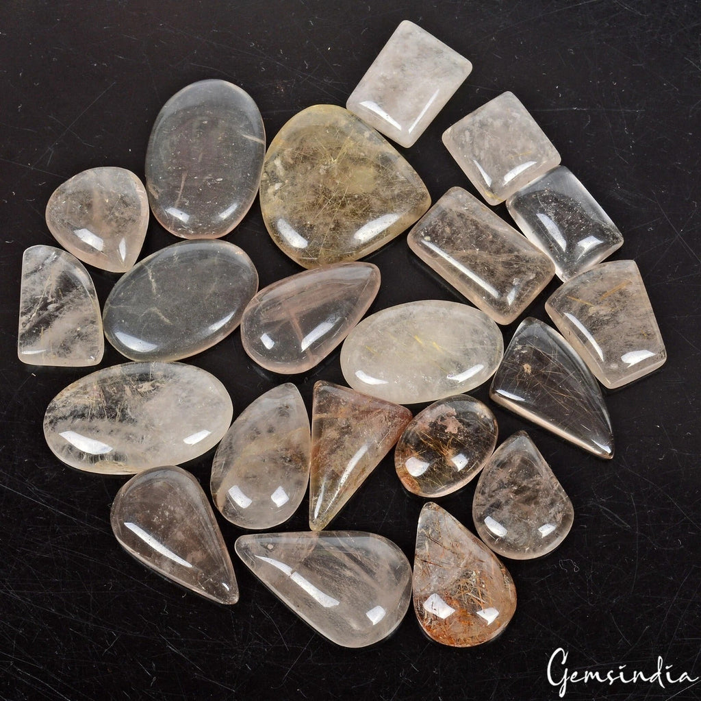 500 Cts/21 Pcs Natural Untreated Gold & Copper Wire Rutile Quartz Mixed Cab Gems