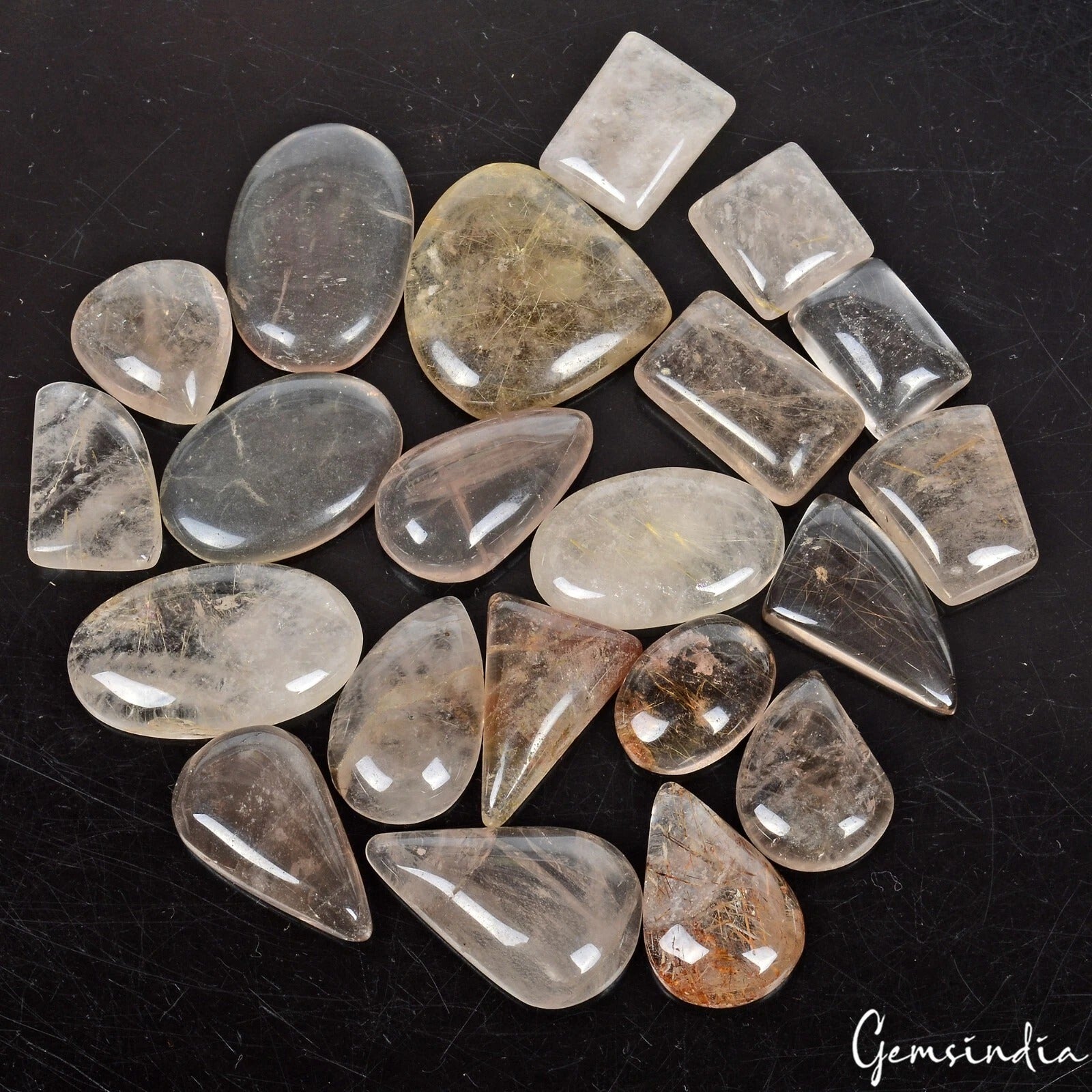 500 Cts/21 Pcs Natural Untreated Gold & Copper Wire Rutile Quartz Mixed Cab Gems