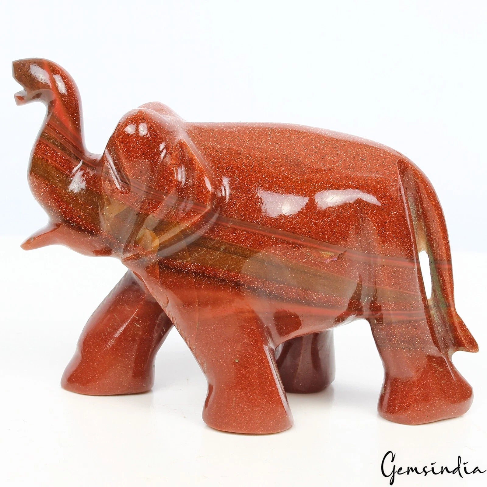 650 Cts Natural Brown Sunstone Single Stone Hand Carved Elephant Statue~2" tall