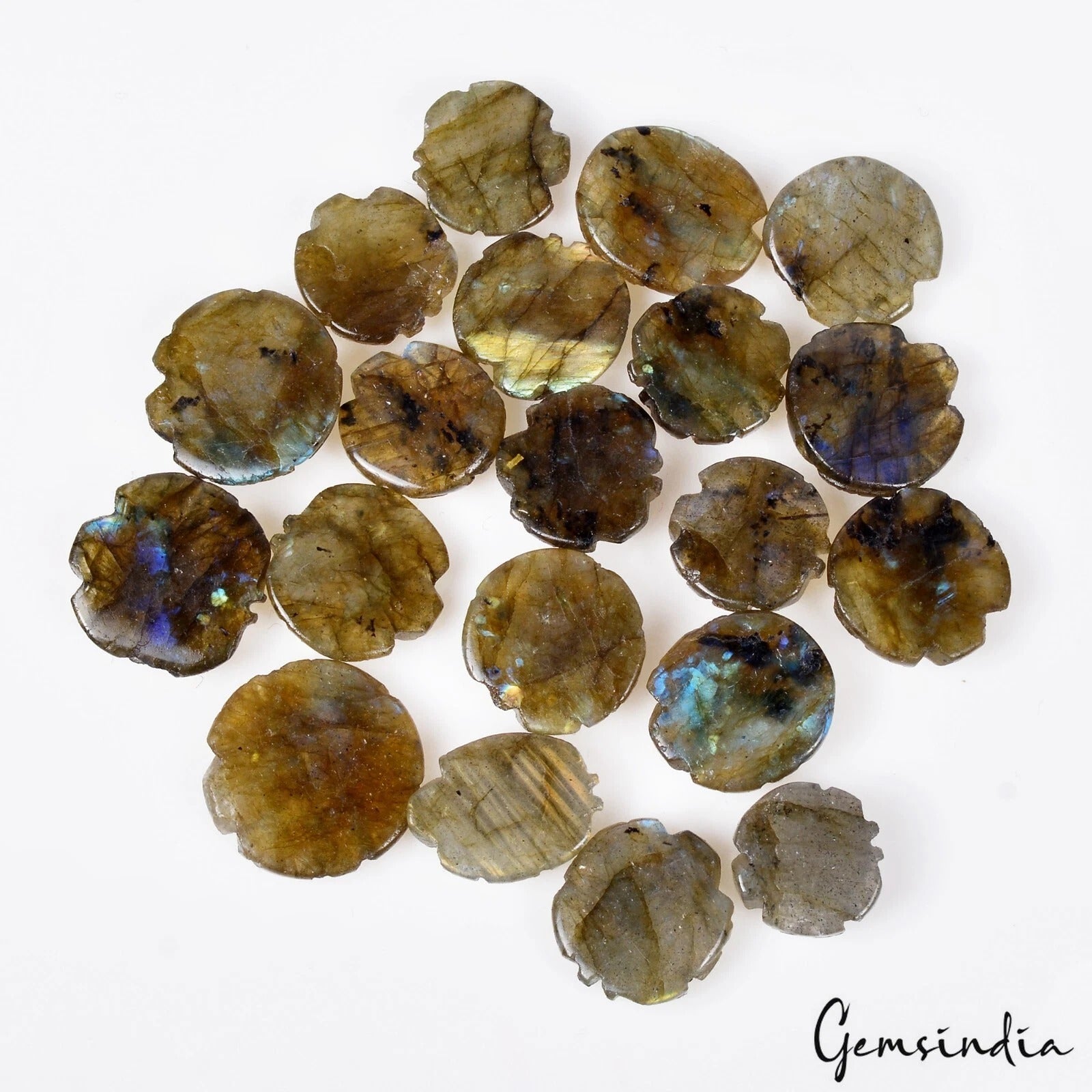 126.80 Ct Natural Multi Shine Labradorite Hand Carved Ganesha Gems Lot 20 Pcs