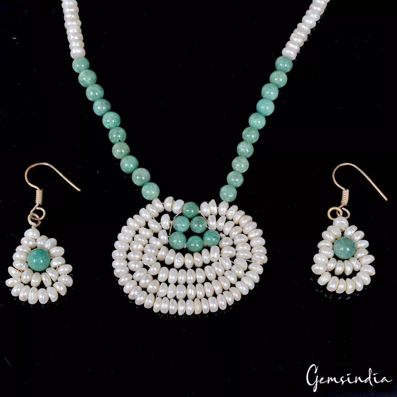 188 Ct Natural Emerald Freshwater Pearl Beaded Handmade Beautiful Jewelry Set