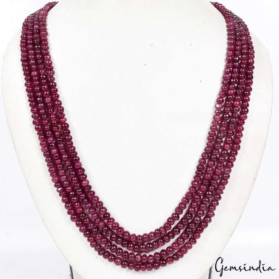 4 Strand Natural Ruby Necklace 4-6mm Plain Cabochon Beads W/ Silk Tassel 700 Cts