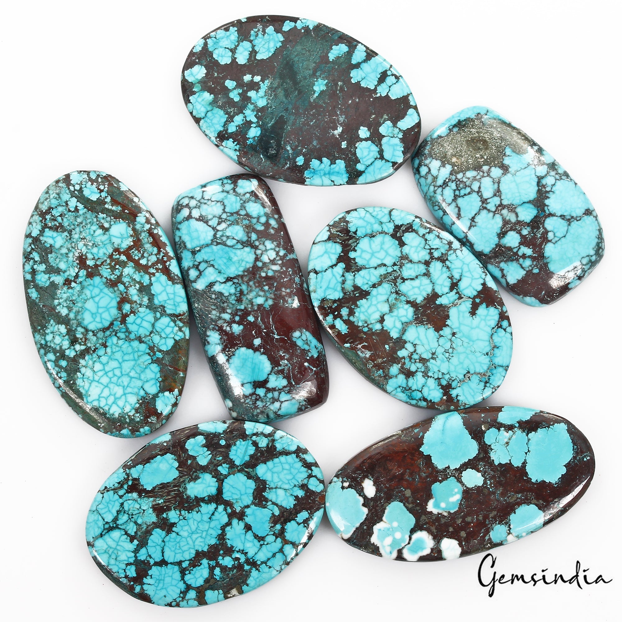 680 Cts/7 Pcs Natural Spiderweb Blue Turquoise Oval Cab Loose Gems Wholesale Lot