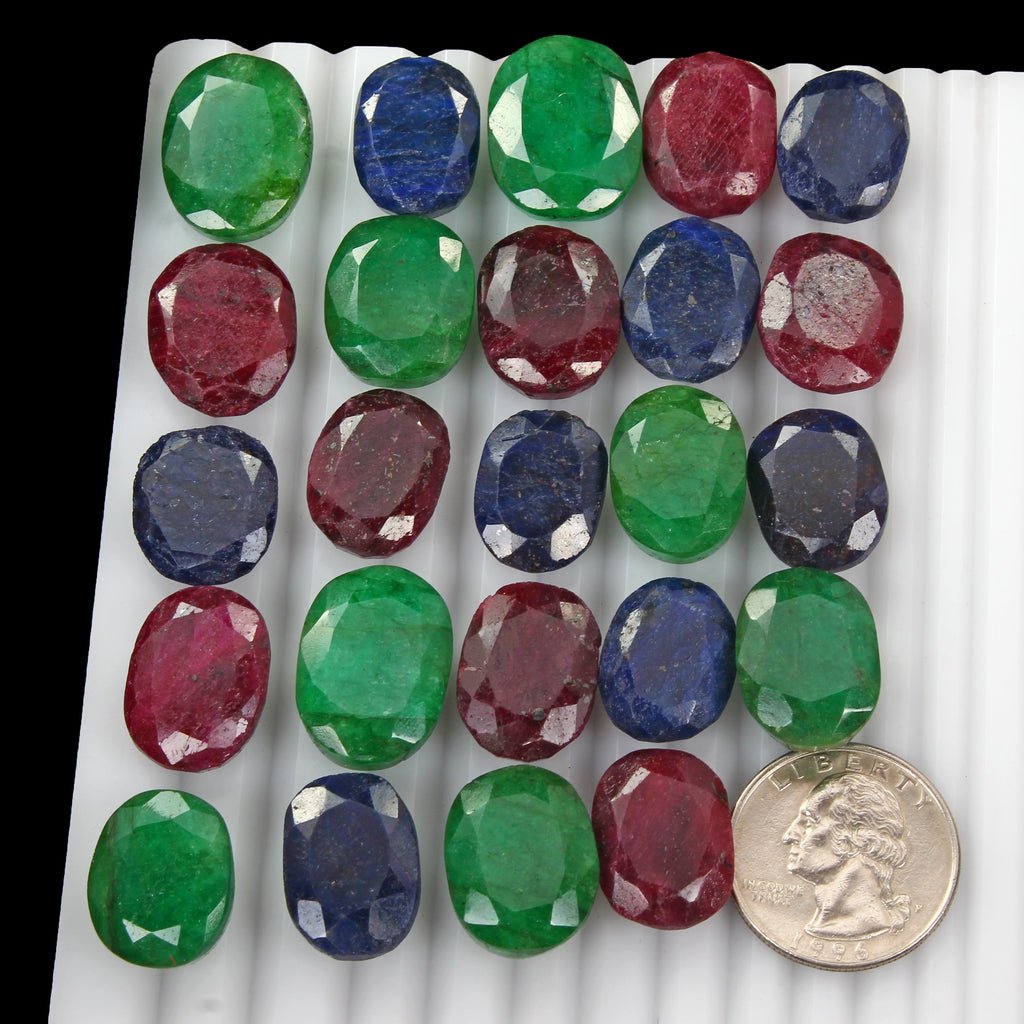570 Ct Natural Ruby Emerald Sapphire Oval Cut Faceted Loose Certified Gems Lot