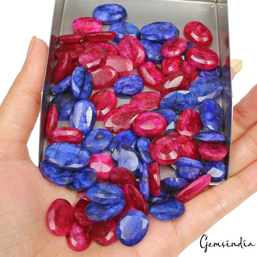 770 Ct/74 Pcs Natural Red Blue Beryl Oval Faceted Cut Loose Gems Lot For Jewelry