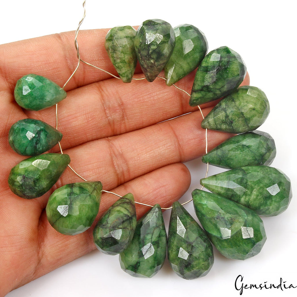 15 Pcs Natural Emerald 18mm-32mm Checker Cut Drilled Briolettes Loose Gemstones