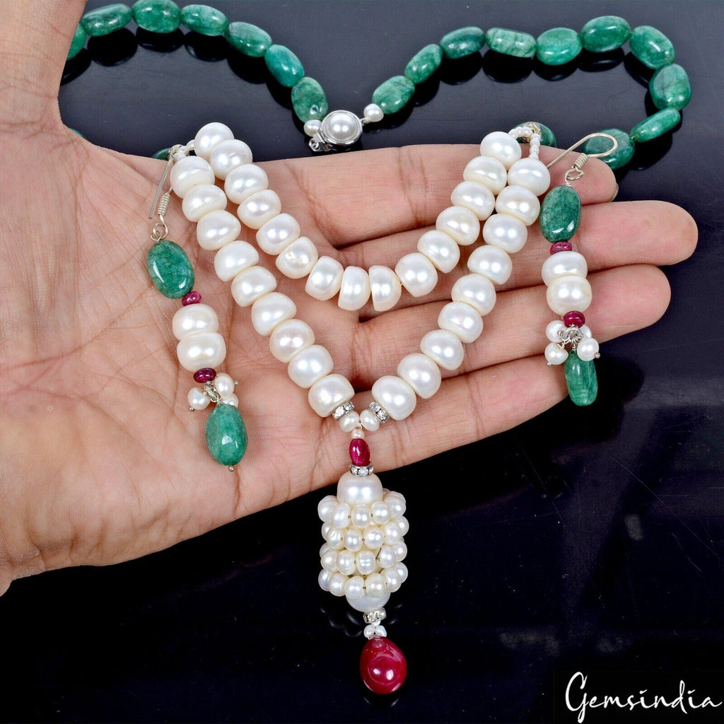 590 Ct Natural Emerald Freshwater Pearl Beaded Designer Necklace Set For Women