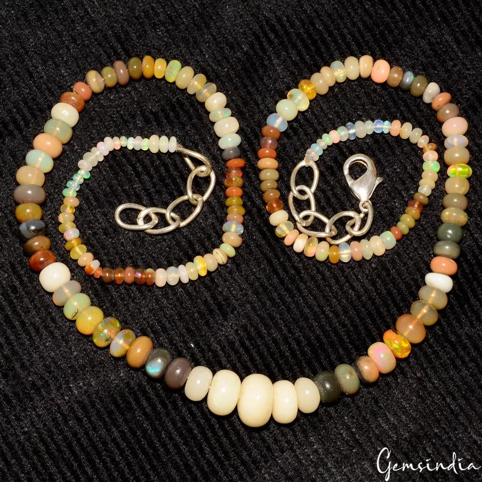 55+Ct Natural Multi Shine Ethiopian Opal Round cab Beaded Single Strand Necklace