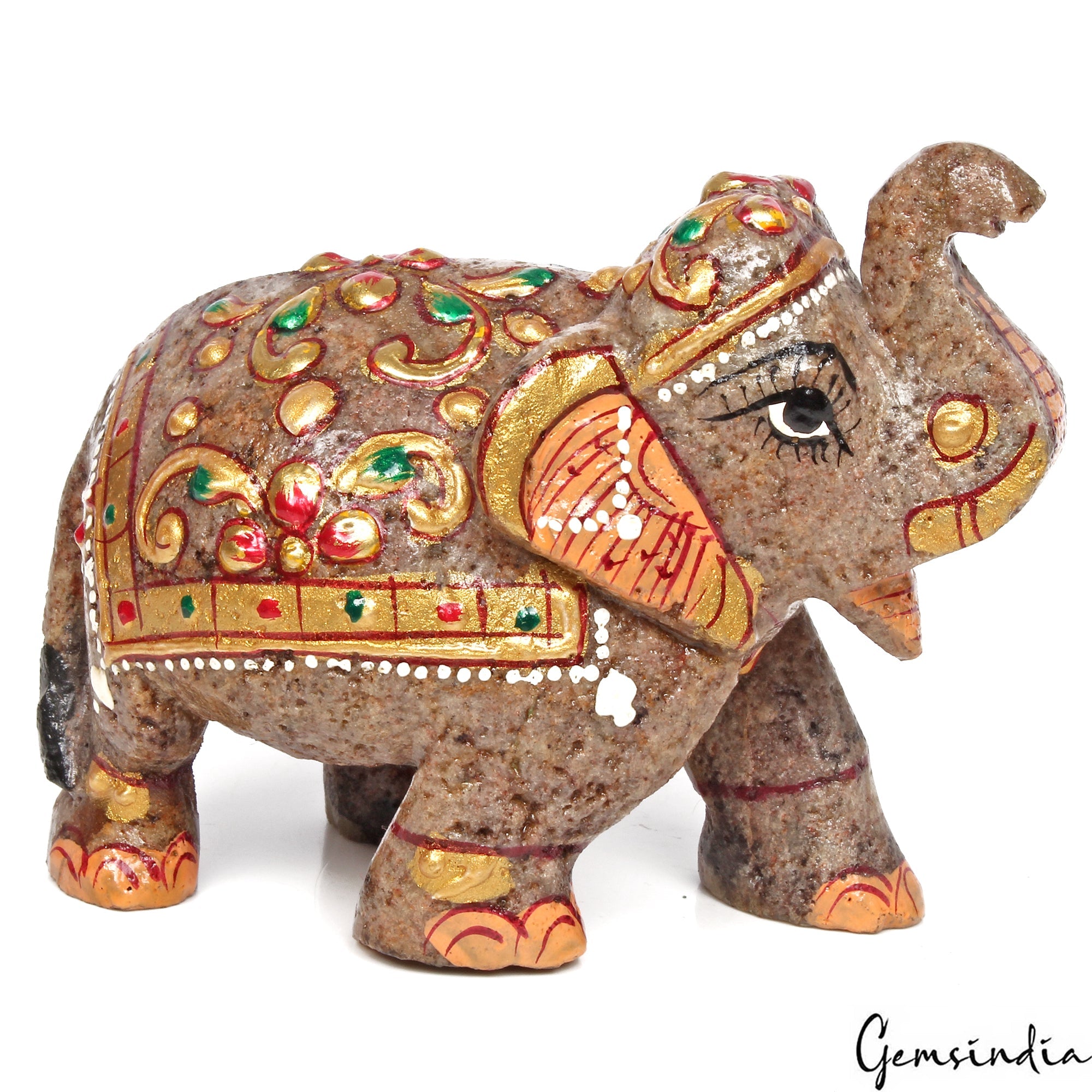 1250Ct Natural Agate Gemstone Hand Crafted Gold Painted Trunk Up Elephant Statue