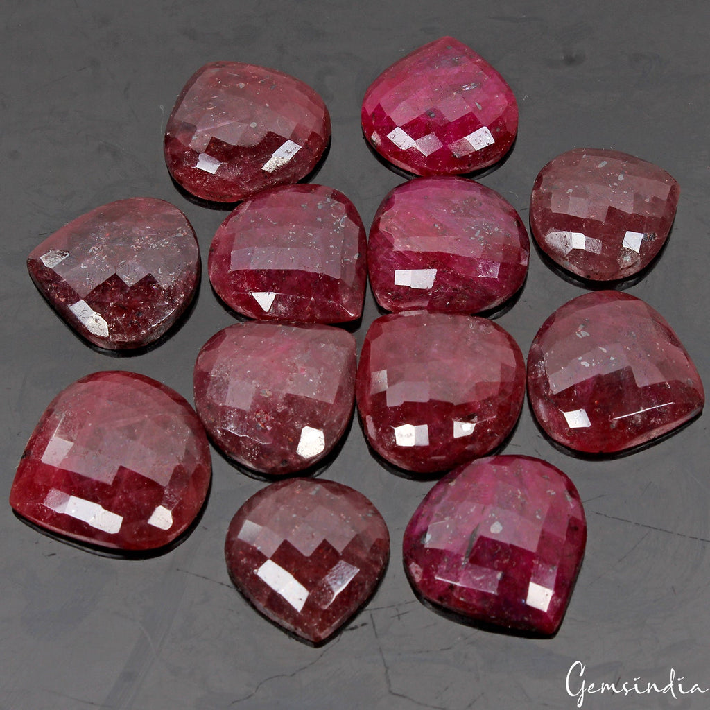 12 Pcs Natural Dark Red Ruby Heart Checker Cut 21-27mm Gemstones w/Flat Back