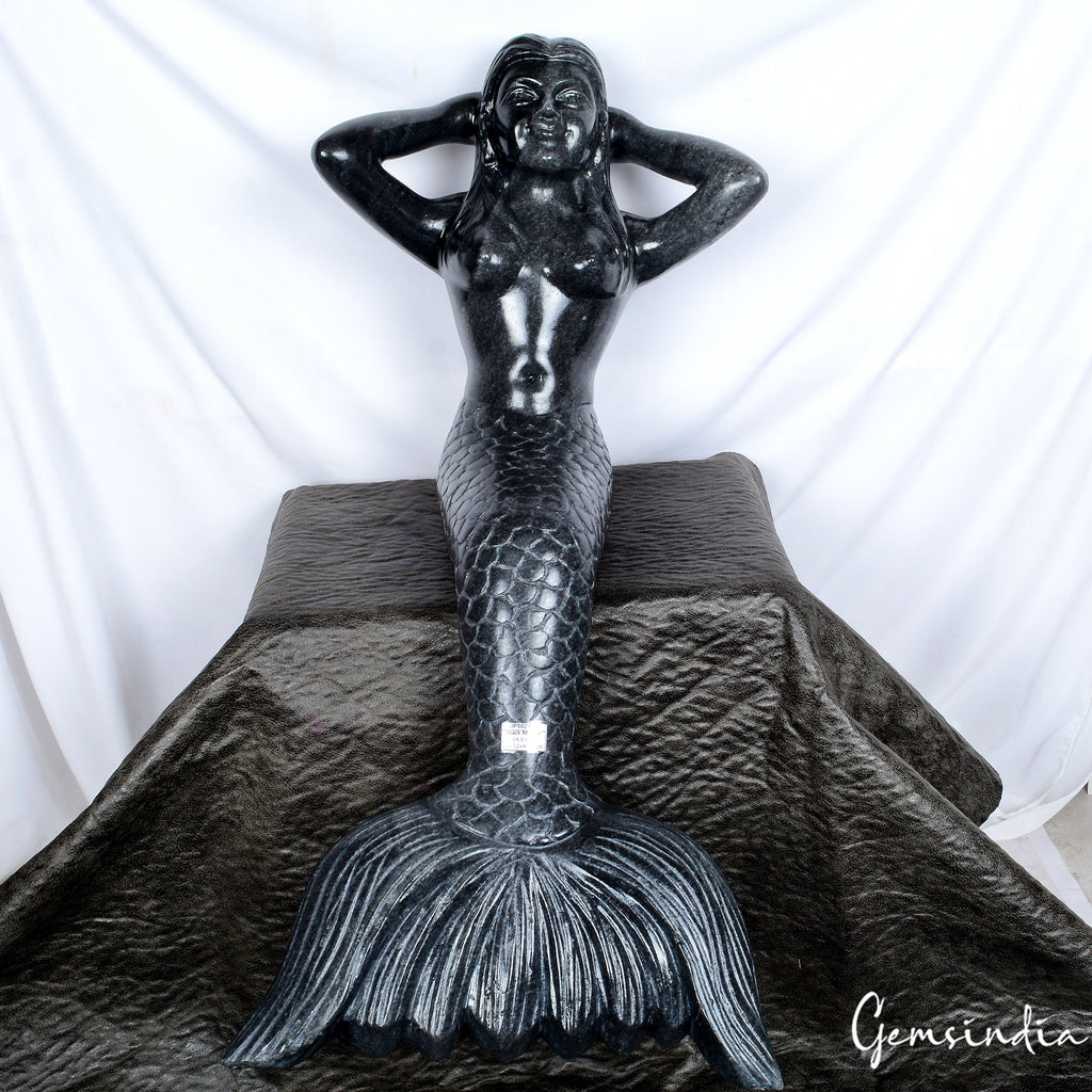 26 Inch Large Black Marble Mermaid Hand Carved Sitting Ocean Statue 14.8 kilo