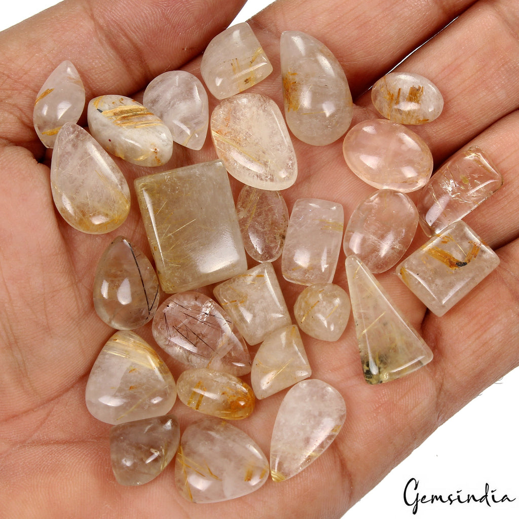 190 Ct/11 Pcs Natural Untreated Golden Wire Rutile Quartz Mix Cab Loose Gems Lot