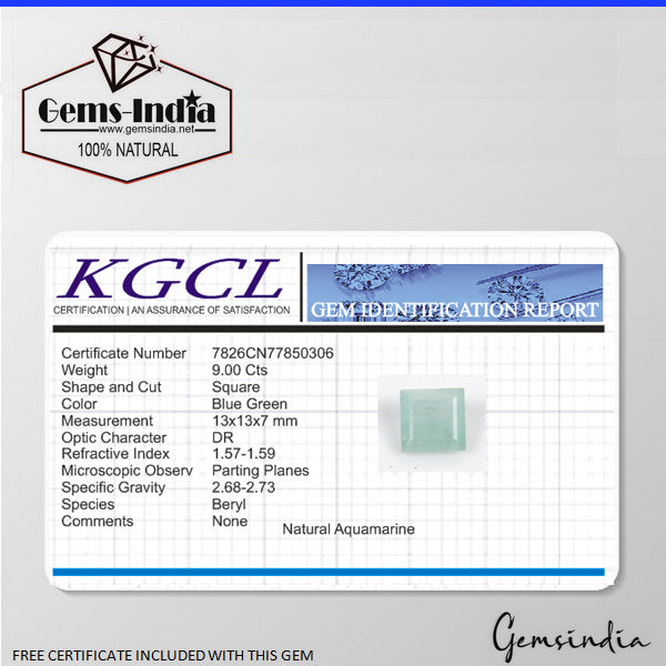 9.00 Ct Natural Certified Green Aquamarine Unheated Loose Square Cut GemstoneNat