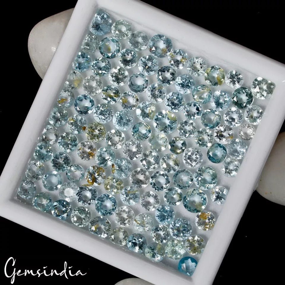 65.45 Ct/100 Pcs Natural Untreated Brazilian Blue Topaz Round Cut Loose Gems Lot
