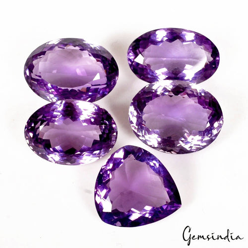 Amethyst Lot, Loose Gemstone, Oval & Pear Cut, Untreated — 5 Pieces, 18mm to 20mm, 91.20 Ct, Brazil