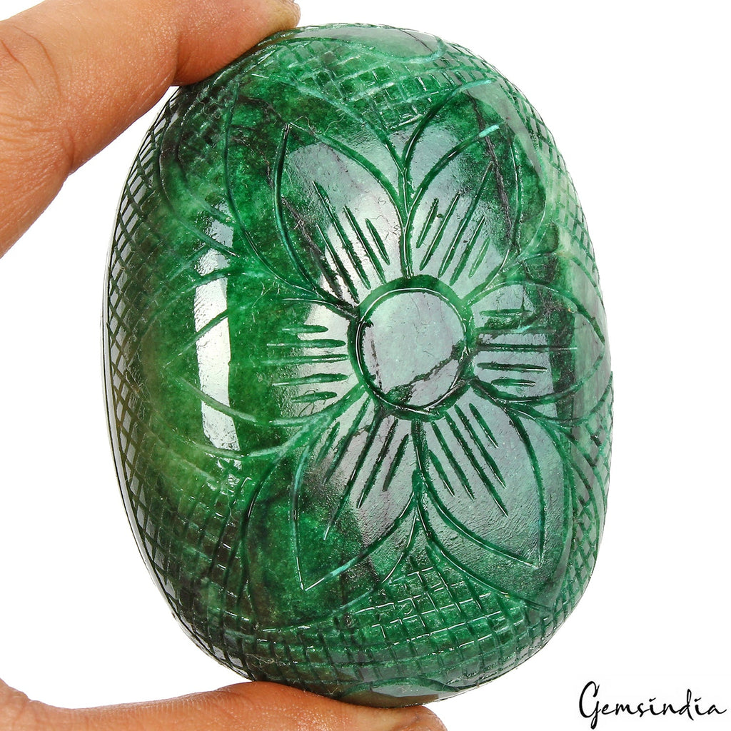 1500 Cts Natural Brazilian Green Emerald Oval Floral Hand Carved Loose Gemstone