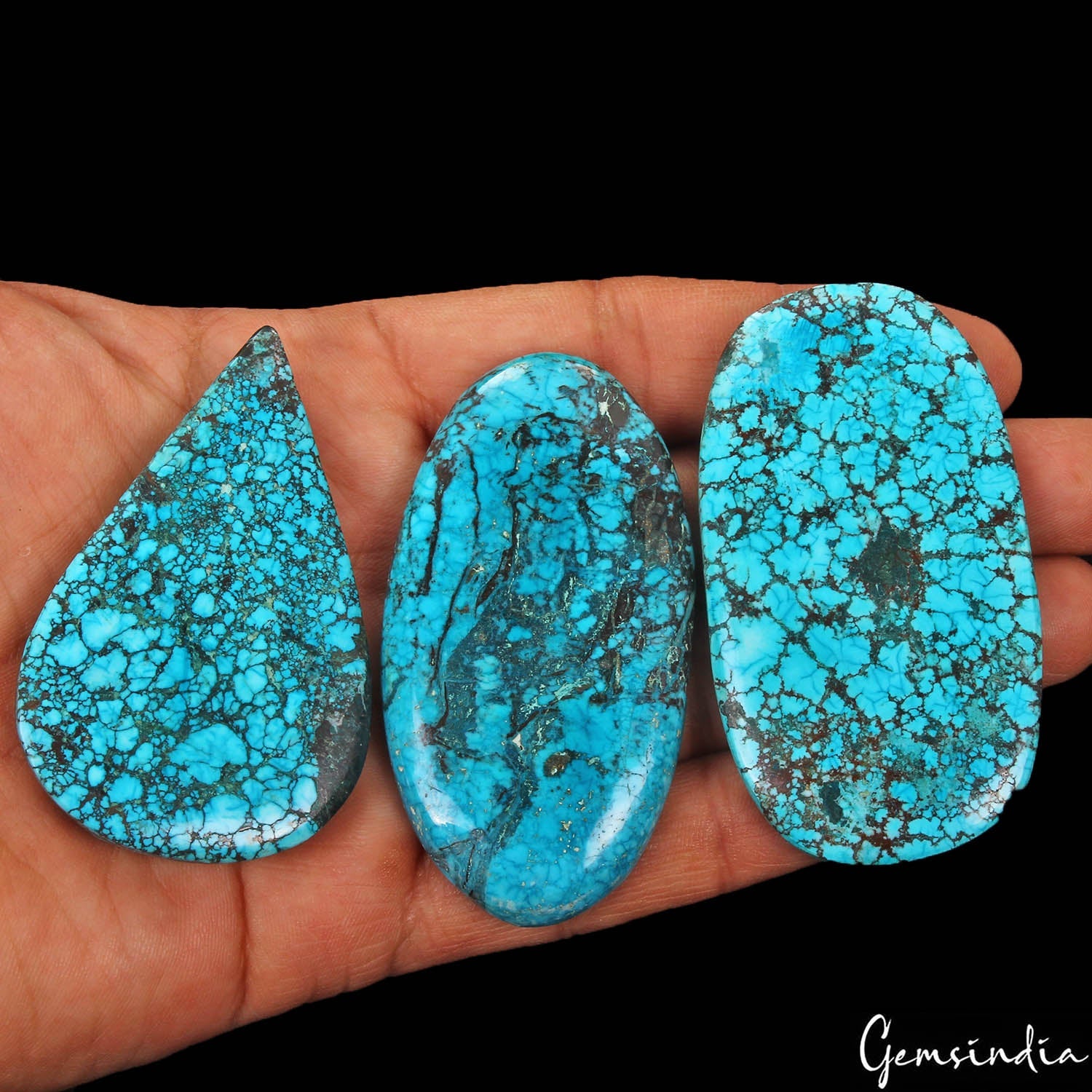 490 Ct/3 Pcs Natural USA Arizona Spiderweb Blue Turquoise Mix Cab Loose Gems Lot