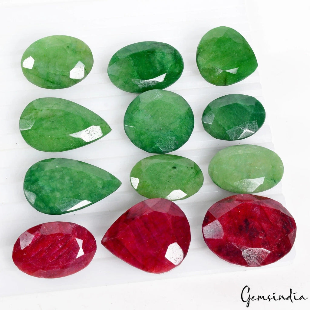 950 Cts/12 Pcs Natural Red Ruby Green Emerald Mixed Cut Loose Wholesale Gems Lot