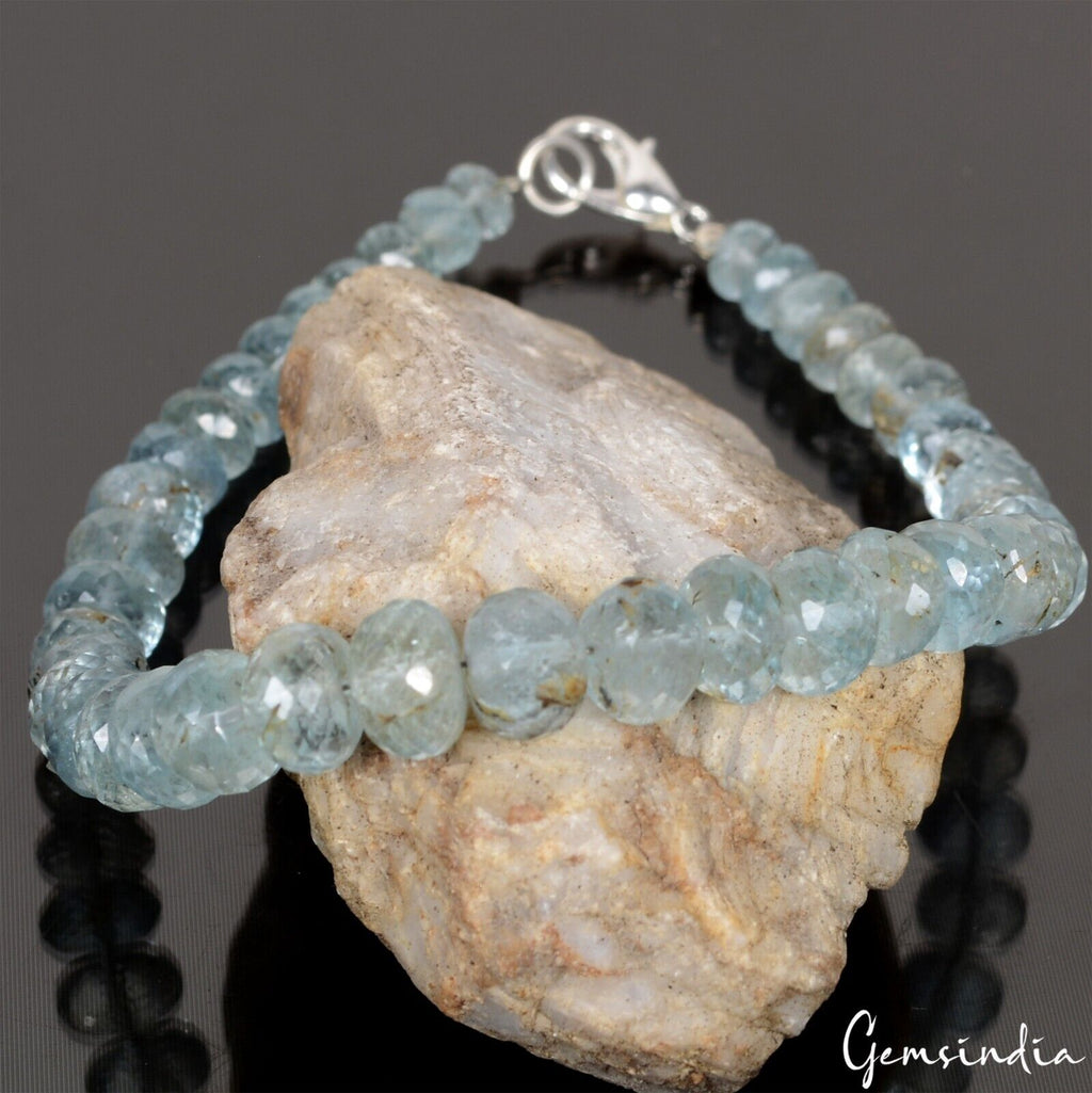 61.40 Ct Natural Blue Aquamarine Round Faceted Beaded Cut Handmade Bracelet 7.5"