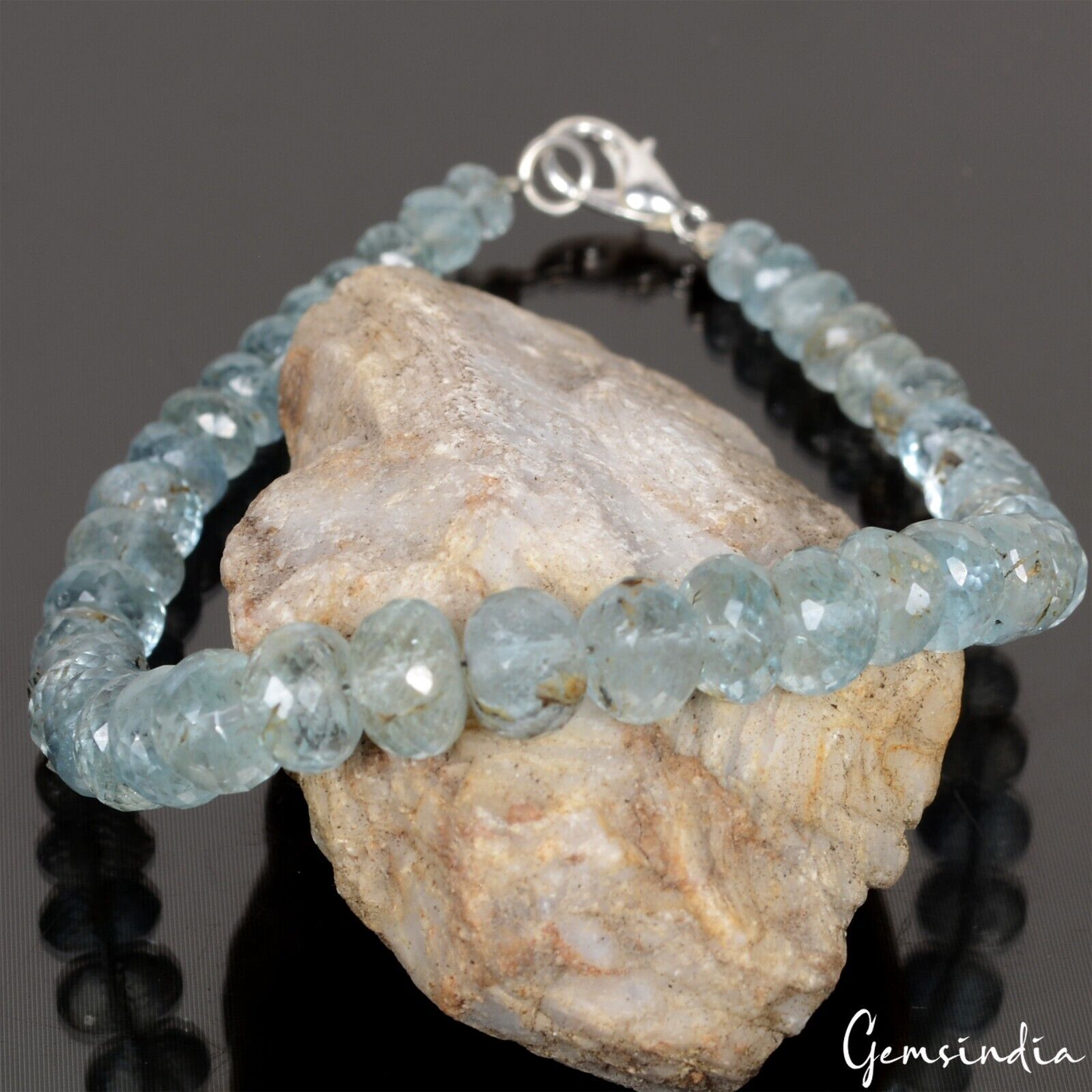61.40 Ct Natural Blue Aquamarine Round Faceted Beaded Cut Handmade Bracelet 7.5"