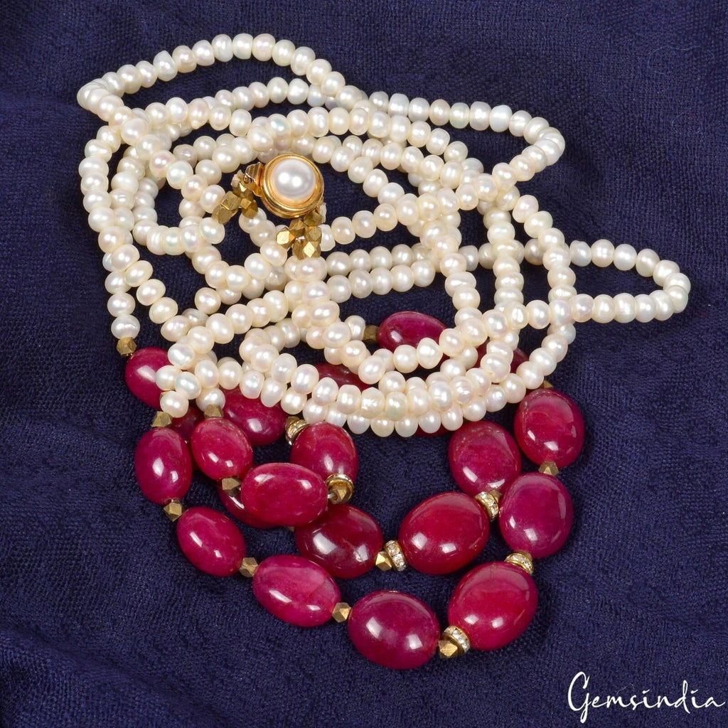 Handmade Freshwater Pearl & Red Quartz Gems Beads 3 Strand Designer Necklace 21"