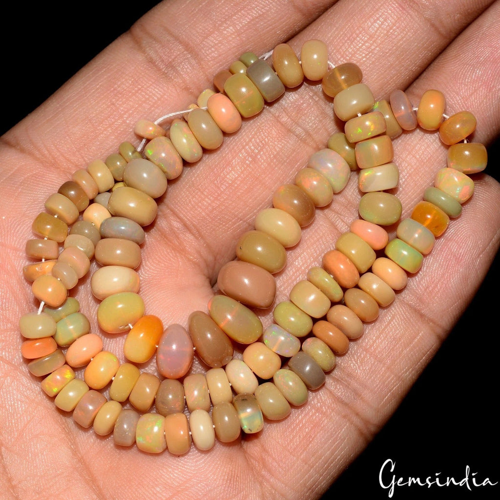92.40Ct Natural Ethiopian Multi Fire Opal Round Cab Drilled Beads Strand 15"Long