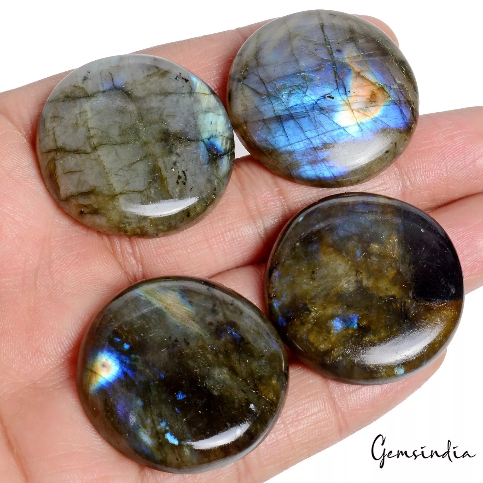 320 Ct /4 Pc Natural Labradorite Blue Shine Round Cabochon Loose Gemstones ~34mm